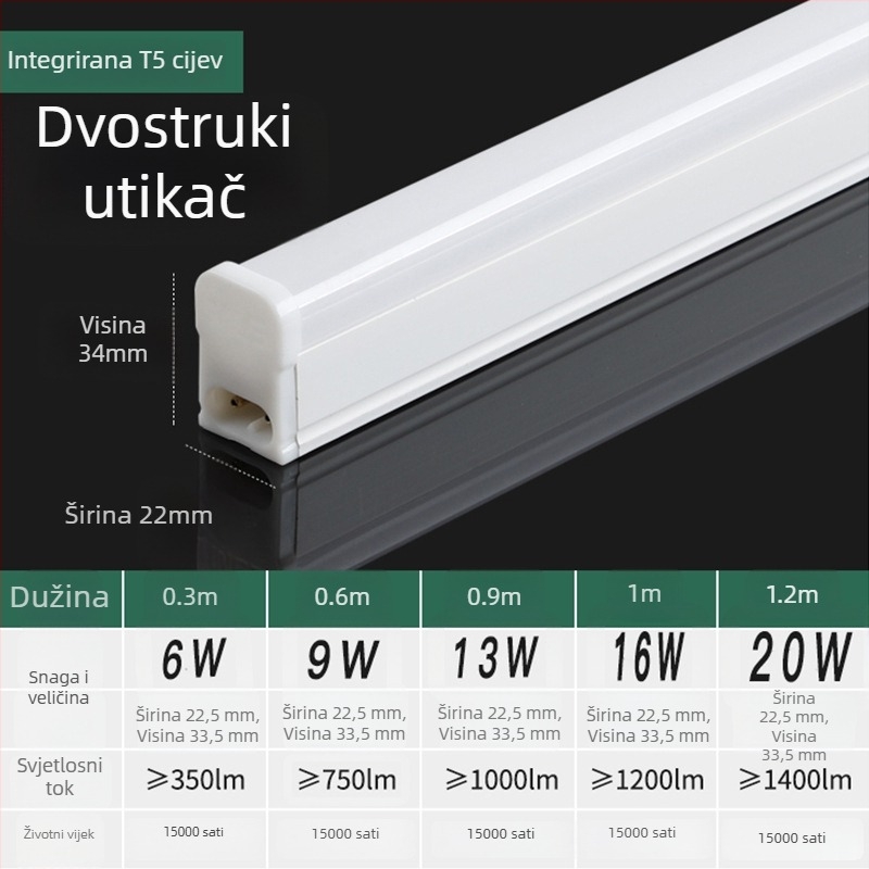 LED T5 cijev s integriranim dvopinskim priključkom, visoka svjetlina, duljina 1,2 m, kućna linearna svjetiljka, komplet s držačem za uštedu energije