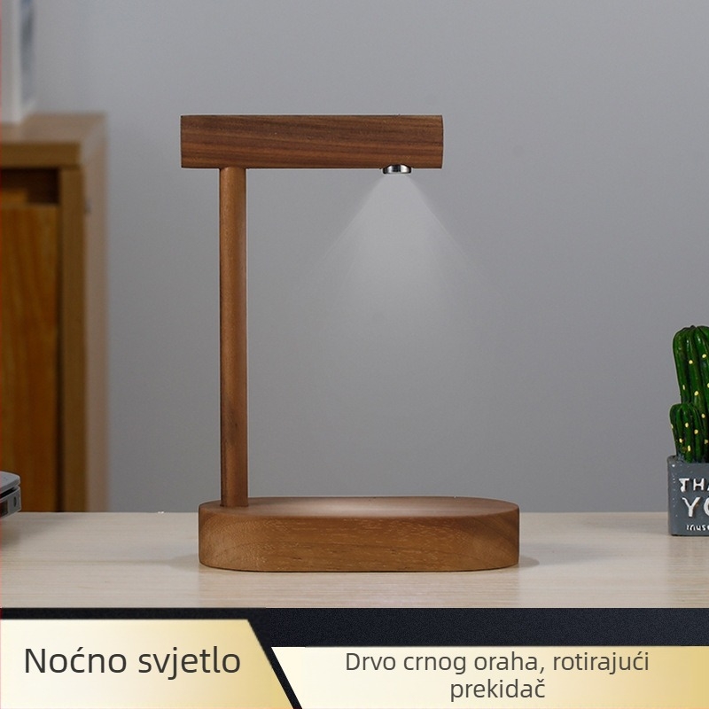 Masivna drvena noćna svjetiljka za spavaću sobu, crni orah, LED bijela svjetlost, rotacijski prekidač, kompaktna stolna svjetiljka