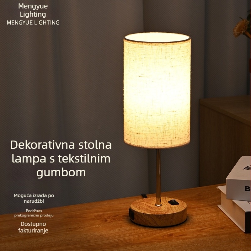 Stolna lampa s reljefom od lana i drvenim uzorkom, tri boje temperature svjetla, američki standard, noćna lampica za spavaću sobu i radnu sobu
