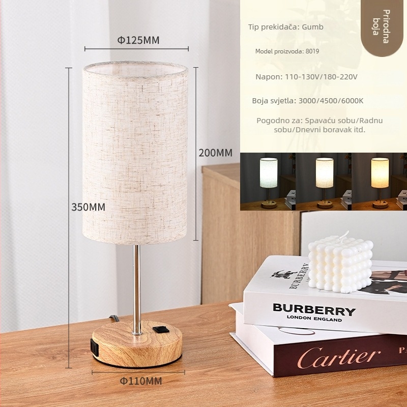 Stolna lampa s reljefom od lana i drvenim uzorkom, tri boje temperature svjetla, američki standard, noćna lampica za spavaću sobu i radnu sobu