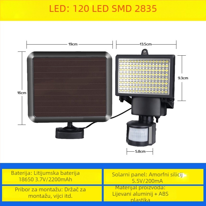 Vanjsko solarno LED svjetlo s senzorom pokreta, za dvorište vile, garažu i ulično osvjetljenje