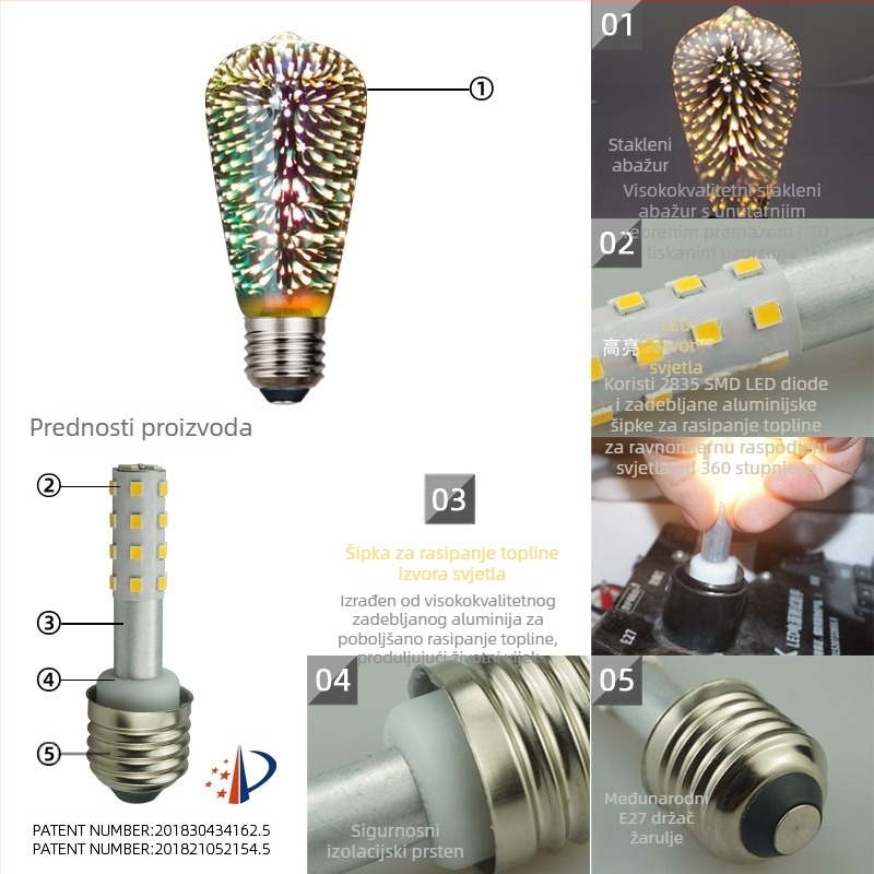 LED3D žarulja s efektom vatrometa, E27 ST64, dekorativna staklena kugla za božićnu atmosferu