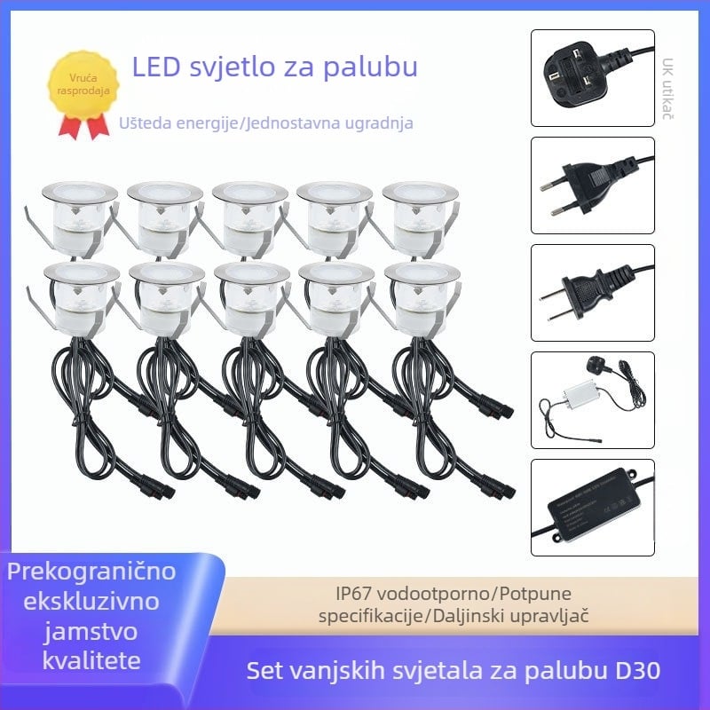Srebrni ugrađeni okrugli monokromatski LED skriveni set za vanjsku vodootpornu rasvjetu palube s upravljačem