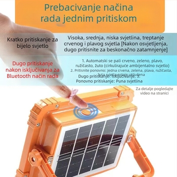 LED solarni ručni reflektor s Bluetooth zvučnikom za kampiranje – višenamjensko vanjsko svjetlo koje se može puniti