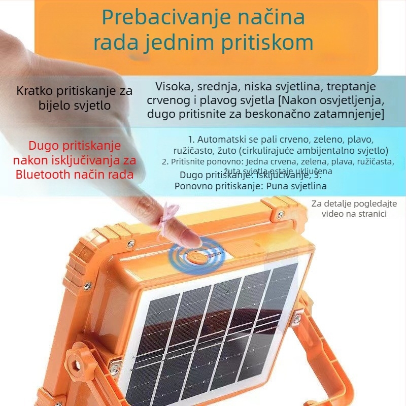 LED solarni ručni reflektor s Bluetooth zvučnikom za kampiranje – višenamjensko vanjsko svjetlo koje se može puniti