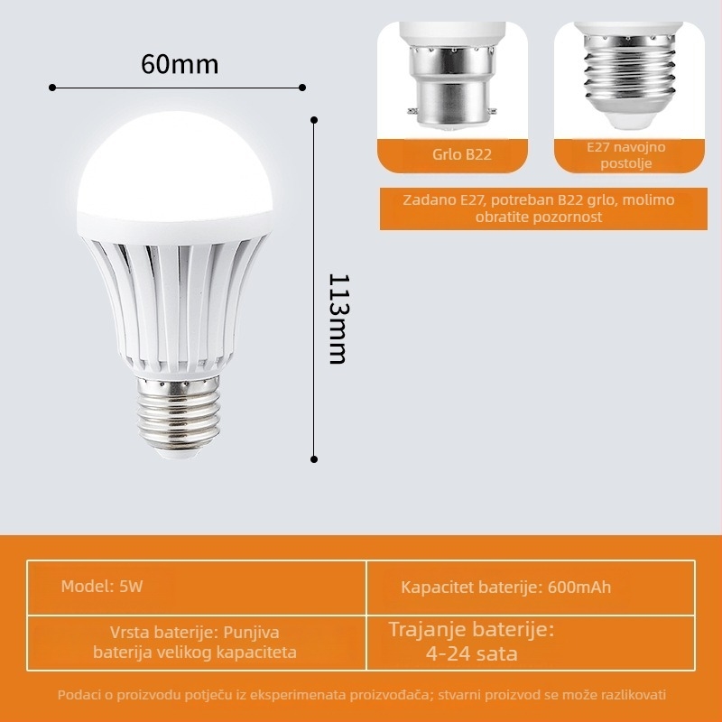 LED nužna žarulja tip ploča s ugrađenom punjivom baterijom, B22 priključak, snop svjetla 230°, 120–135 lm/W, CRI 80–90, IP30, bez dimmera, 2 godine jamstva