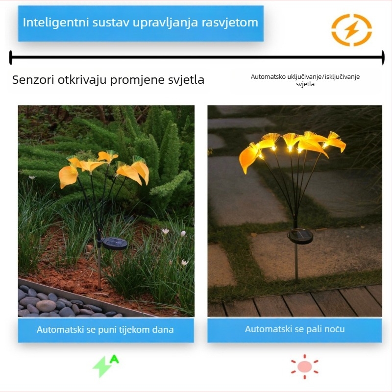 Solarna vanjska LED lampica za travnjak s vlaknastom optikom u obliku cvijeta, vodootporna zemlja lampica