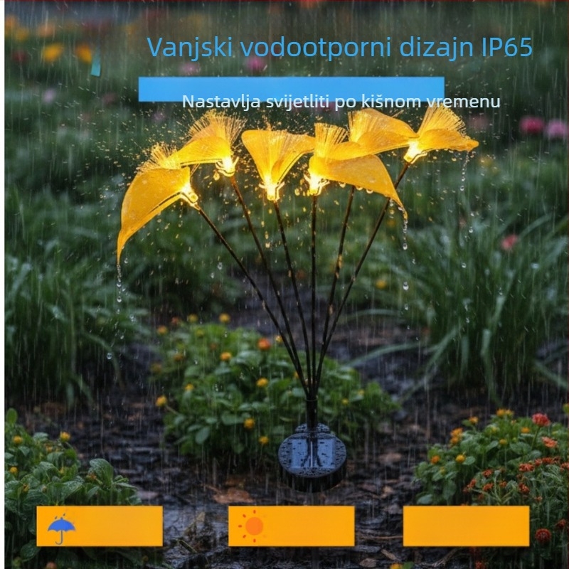 Solarna vanjska LED lampica za travnjak s vlaknastom optikom u obliku cvijeta, vodootporna zemlja lampica