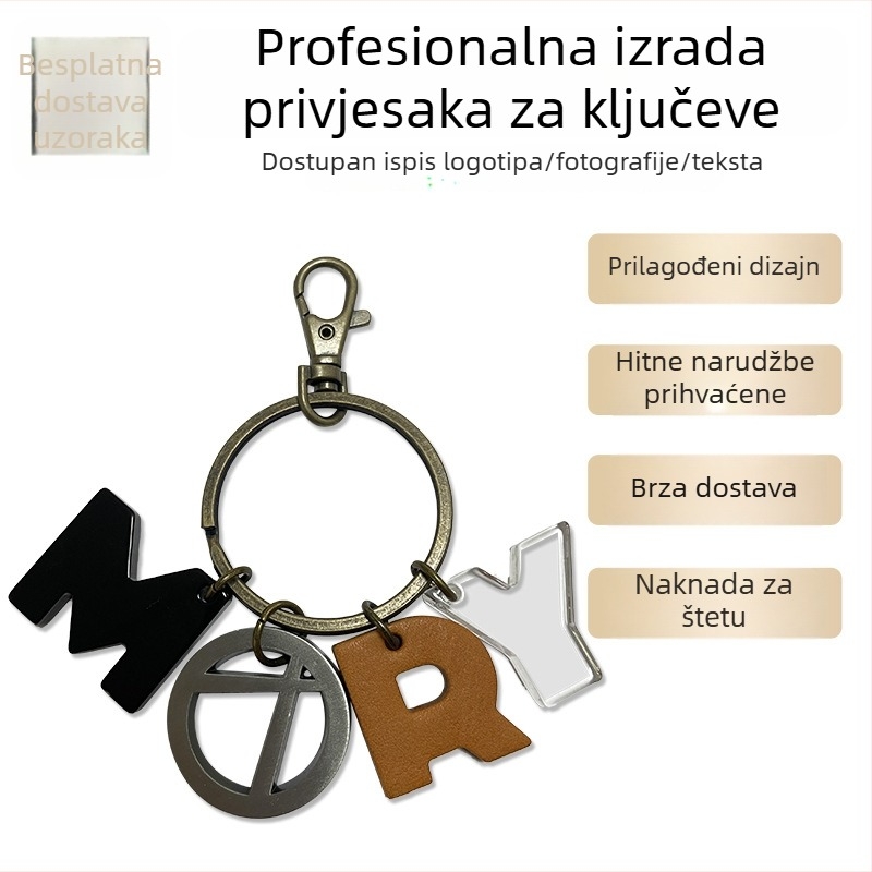 Kožni ključni lančić s slovom, prilagođeni metalni privjesak, prozirni akrilni dodatak za ruksak