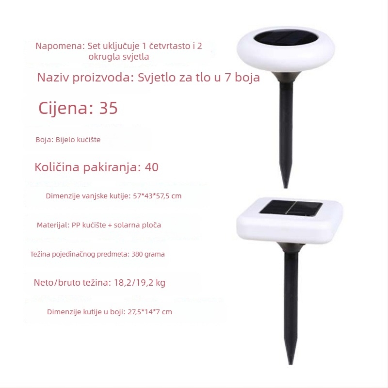 Solarne LED vrtne lampe, vodootporne, šarene, kvadratne i okrugle, usađene u travu, senzorno upravljanje