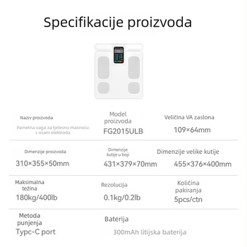 Inteligentna vaga za tjelesnu masu s osam elektroda, povezivanje s aplikacijom, mjerenje tjelesnog sastava, prijenosna digitalna vaga