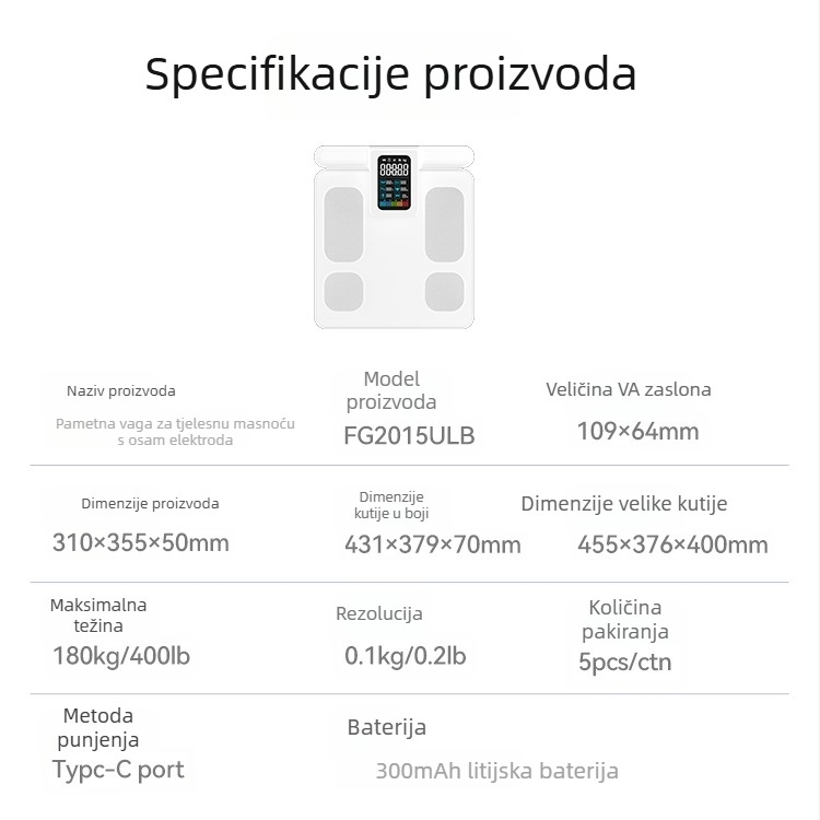 Inteligentna vaga za tjelesnu masu s osam elektroda, povezivanje s aplikacijom, mjerenje tjelesnog sastava, prijenosna digitalna vaga
