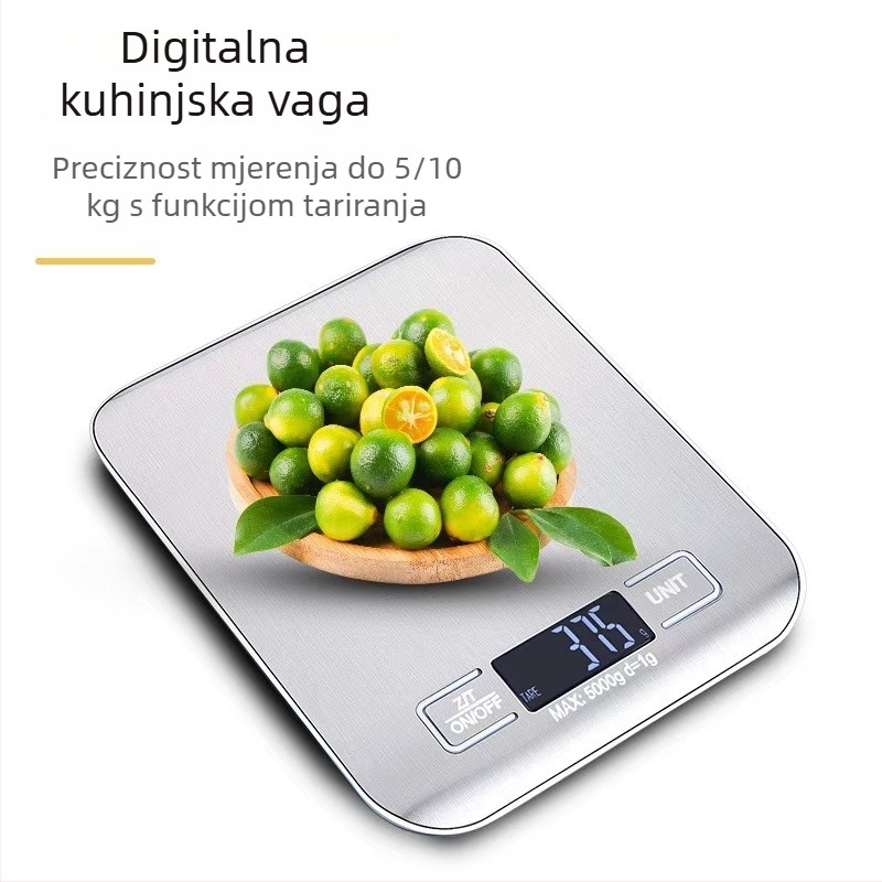 Vodootporna digitalna kuhinjska vaga od nehrđajućeg čelika za kućnu upotrebu, kompaktna vaga za grame hrane i pečenje