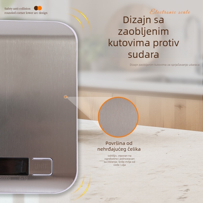 Vodootporna digitalna kuhinjska vaga od nehrđajućeg čelika za kućnu upotrebu, kompaktna vaga za grame hrane i pečenje