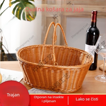 Košara s imitacijom ratana, ručno pletena, za kupovinu i piknik, koš za jaja, voće i povrće, čvrsta košara za pohranu
