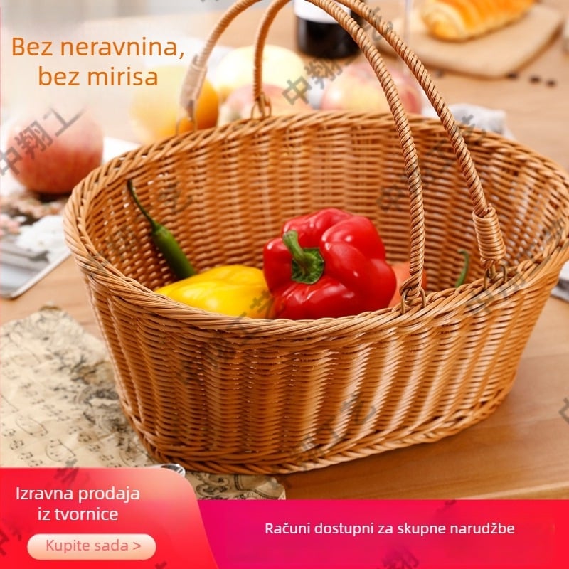 Košara s imitacijom ratana, ručno pletena, za kupovinu i piknik, koš za jaja, voće i povrće, čvrsta košara za pohranu