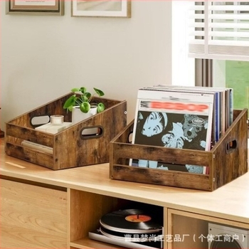 Drvena košara za pohranu vinilnih ploča i časopisa, masivno drvo, stolni kućni organizator, modern stil minimalistički