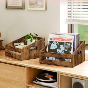 Drvena košara za pohranu vinilnih ploča i časopisa, masivno drvo, stolni kućni organizator, modern stil minimalistički