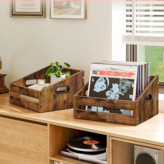 Drvena košara za pohranu vinilnih ploča i časopisa, masivno drvo, stolni kućni organizator, modern stil minimalistički