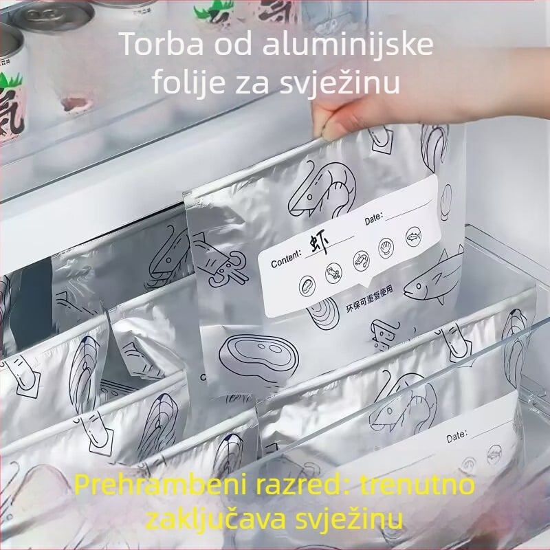 Vrećice za skladištenje hrane od aluminijske folije za meso, antibakterijske, ponovno upotrebljive, pogodne za hladnjak i zamrzivač. Dimenzije: 20×13 cm, 23×17 cm, 26×29 cm.