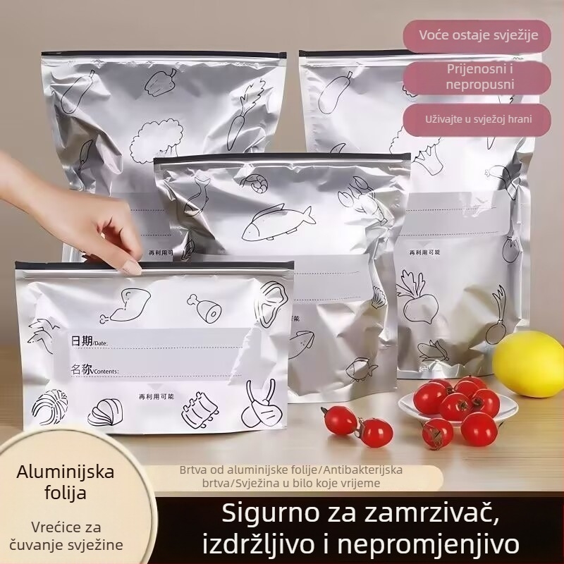 Vrećice za skladištenje hrane od aluminijske folije za meso, antibakterijske, ponovno upotrebljive, pogodne za hladnjak i zamrzivač. Dimenzije: 20×13 cm, 23×17 cm, 26×29 cm.