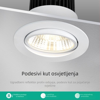 LED ugrađeno stropno svjetlo – downlight, aluminijsko kućište, otvor 75 mm, promjer 90 mm, mogućnosti boje: hladno/neutralno/toplo bijelo, moderna minimalistička estetika, CRI ≥ 90, trajanje 18000 h.