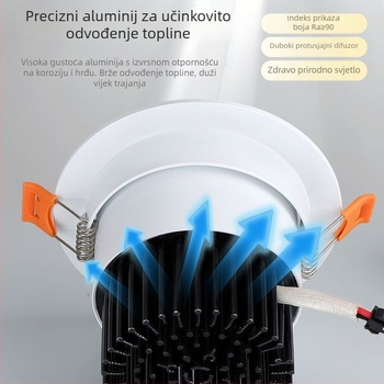 LED ugrađeno stropno svjetlo – downlight, aluminijsko kućište, otvor 75 mm, promjer 90 mm, mogućnosti boje: hladno/neutralno/toplo bijelo, moderna minimalistička estetika, CRI ≥ 90, trajanje 18000 h.