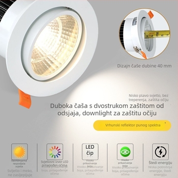 LED ugrađeno stropno svjetlo – downlight, aluminijsko kućište, otvor 75 mm, promjer 90 mm, mogućnosti boje: hladno/neutralno/toplo bijelo, moderna minimalistička estetika, CRI ≥ 90, trajanje 18000 h.
