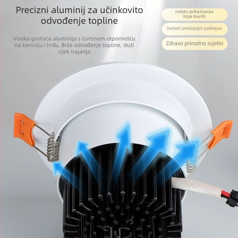 LED ugrađeno stropno svjetlo – downlight, aluminijsko kućište, otvor 75 mm, promjer 90 mm, mogućnosti boje: hladno/neutralno/toplo bijelo, moderna minimalistička estetika, CRI ≥ 90, trajanje 18000 h.