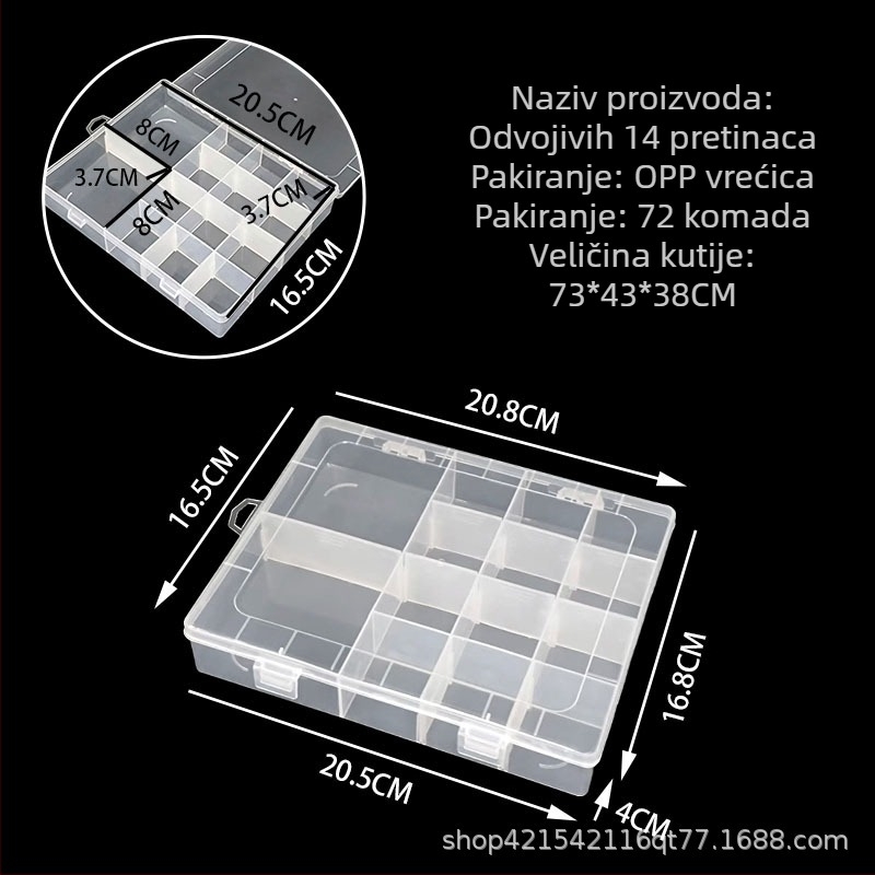 Prozirna PP plastična kutija s 14 odjeljaka, s odvojivim pregradama za alate, dijelove, elektroniku i nakit