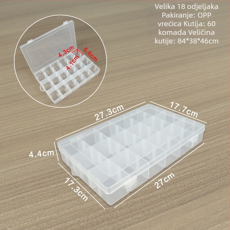 Odvojiva prozirna plastična kutija za skladištenje s 18 odjeljaka – za perle, niti, igle, gumice i dodatke za nakit i alate