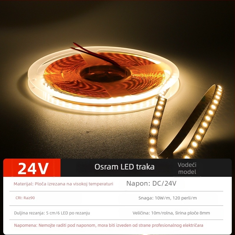 LED COB traka s samoljepljivom podlogom, 24V, aluminijski kanal, OSRAM patch strip, 120 LED/m, 2835, 10 W/m, unutarnje rasvjetne, CRI≥90