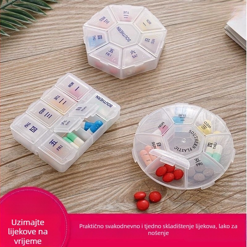 Prijenosna mini kutija za tablete za sedam dana s podjelama i alatom za rezanje tableta