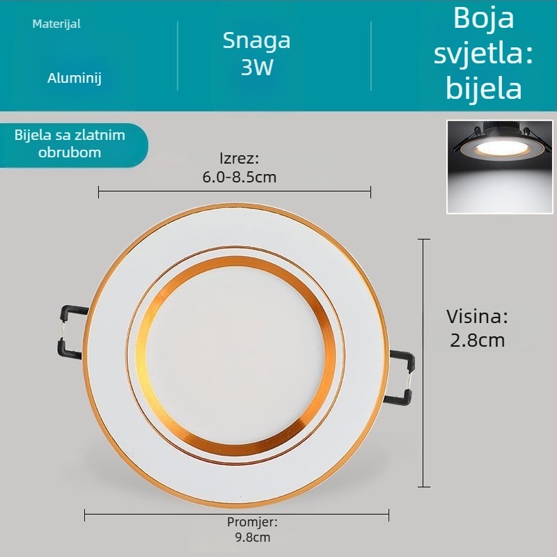 LED ugradna svjetiljka s tri boje i mogućnošću podešavanja, 7,5 cm otvor, 5W/12W, dnevni boravak