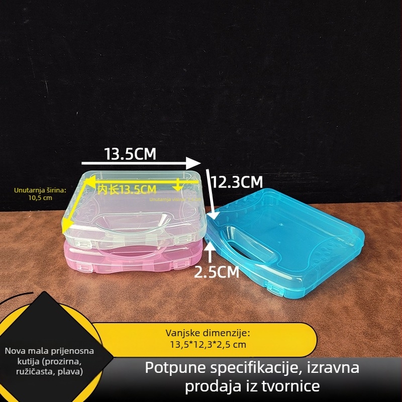 Kompaktna plastična kutija s mogućnošću zaključavanja za pohranu malih elektroničkih dijelova, markera i akvarelnih materijala.