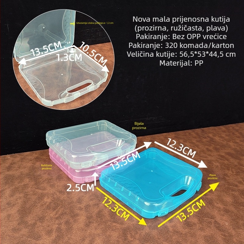 Kompaktna plastična kutija s mogućnošću zaključavanja za pohranu malih elektroničkih dijelova, markera i akvarelnih materijala.