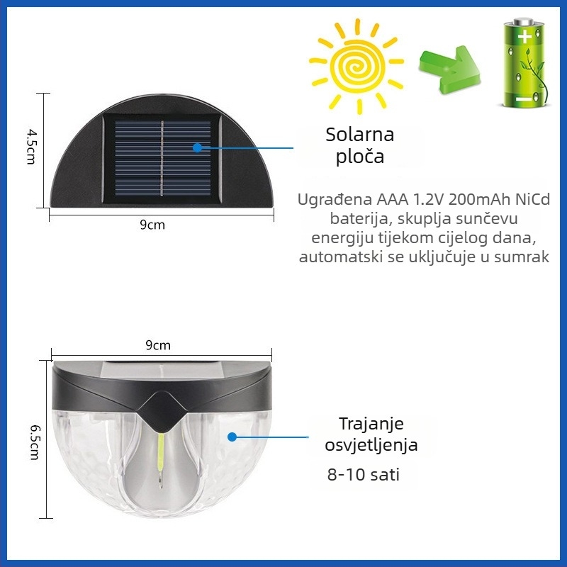 Solarna 6-LED polukružna lampa za ogradu, LED-projektor za zid i osvjetljenje stepenica
