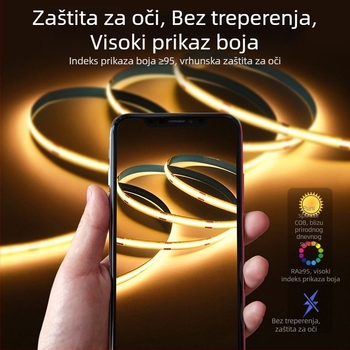 24V COB LED traka, samoljepljiva fleksibilna LED traka za ormariće i stropove, 10W, 90CRI, prilagodljiva svjetlost, kut zračenja 180°, 320/480 LED