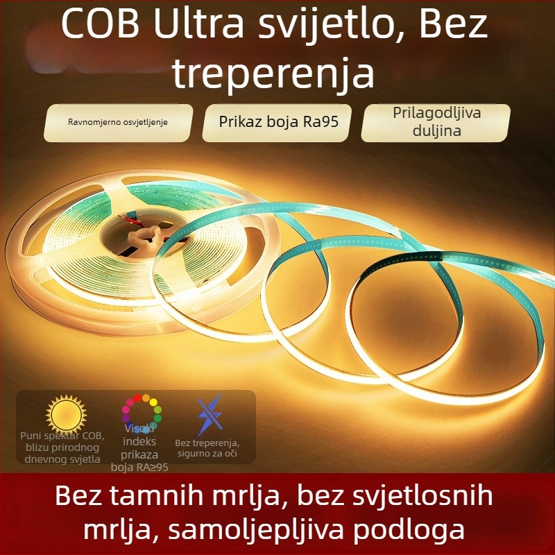 24V COB LED traka, samoljepljiva fleksibilna LED traka za ormariće i stropove, 10W, 90CRI, prilagodljiva svjetlost, kut zračenja 180°, 320/480 LED