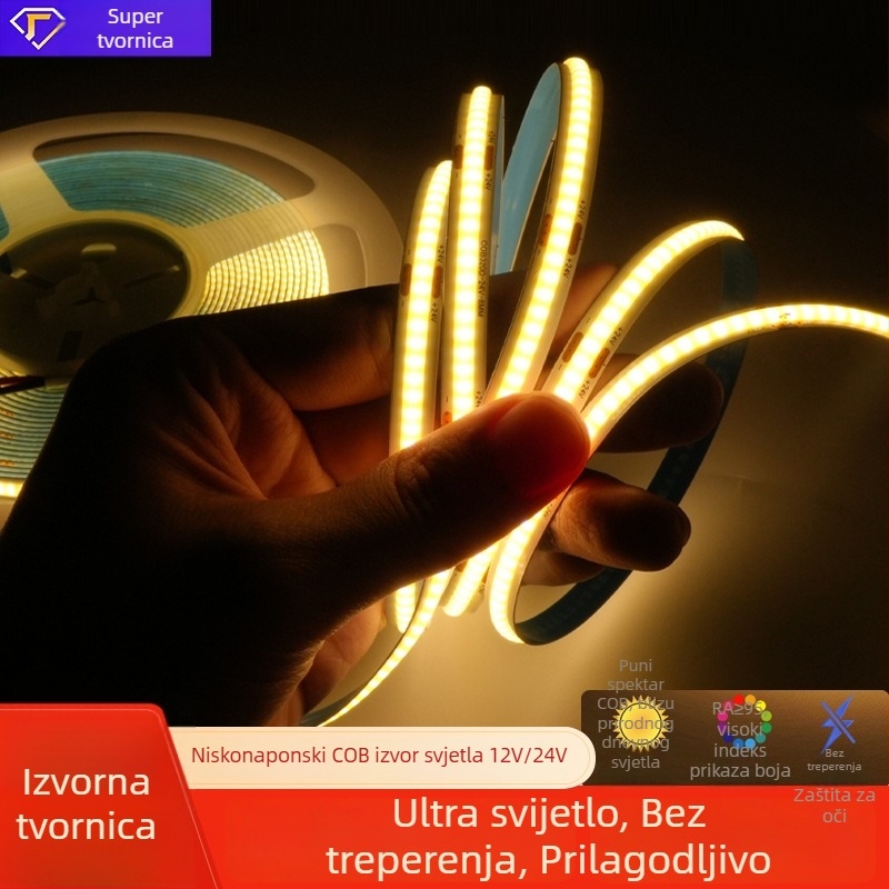 24V COB LED traka, samoljepljiva fleksibilna LED traka za ormariće i stropove, 10W, 90CRI, prilagodljiva svjetlost, kut zračenja 180°, 320/480 LED
