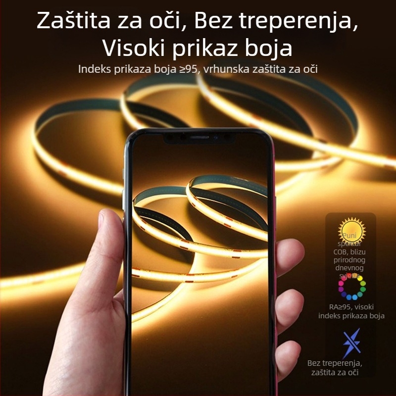24V COB LED traka, samoljepljiva fleksibilna LED traka za ormariće i stropove, 10W, 90CRI, prilagodljiva svjetlost, kut zračenja 180°, 320/480 LED