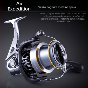 AS potpuno metalna spining navijač, potpuno metalna konstrukcija, dugi hod, bubanj u obliku kapljice vode