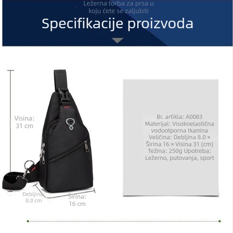 Muška torba za prsa preko ramena, vodootporna Oxford tkanina, velika kapaciteta, USB priključak, ultra lagana, model 5,002, za slobodno vrijeme i putovanja