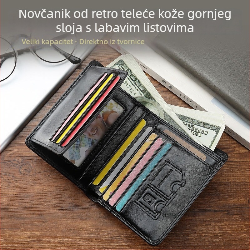 Muški novčanik od prave kože s više pretinaca za kartice, retro dizajn, velika kapaciteta, pretinac za novčiće