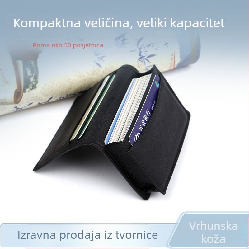 Unisex držač vizitki od prave kože, akordeonski dizajn, otvor s vezicom