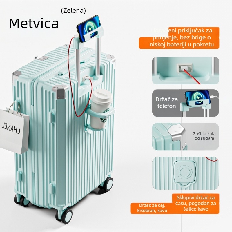 Novi studentski kovčeg velike kapacitete s 360° kotačićima, teleskopska ručka, ABS, USB priključak, otporan na ogrebotine, kombinacijski lok, model 018