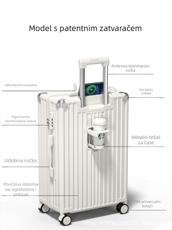 Bijeli putni kofer: 20-inčni ručni kofer i 18-inčni lagani kofer, unisex dizajn; ABS+PC; USB priključak; TSA kombinirani brava; vodootporan i otporan na habanje; držač za čaše; univerzalni kotači; za skladištenje