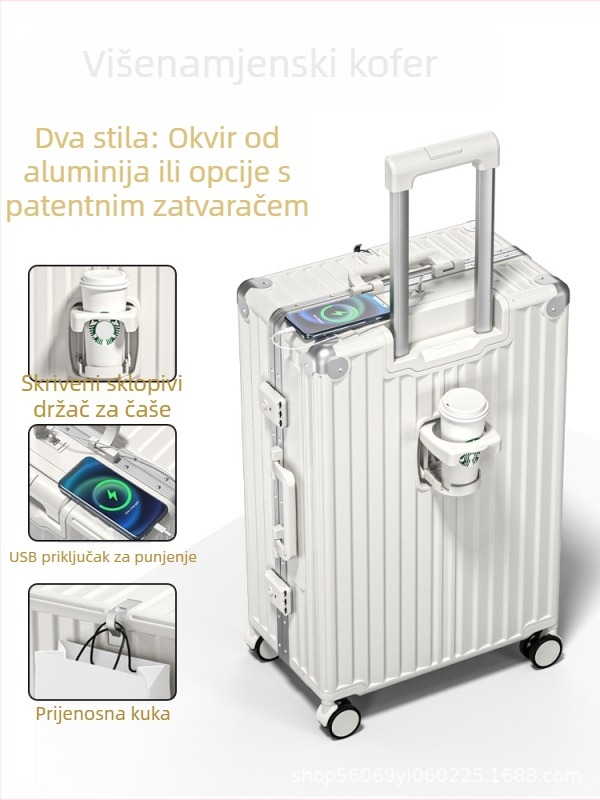 Bijeli putni kofer: 20-inčni ručni kofer i 18-inčni lagani kofer, unisex dizajn; ABS+PC; USB priključak; TSA kombinirani brava; vodootporan i otporan na habanje; držač za čaše; univerzalni kotači; za skladištenje