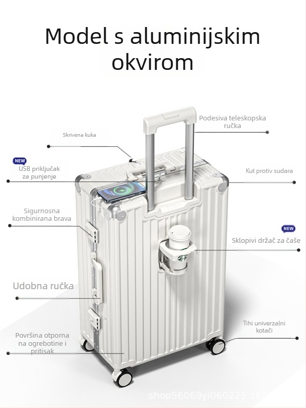 Bijeli putni kofer: 20-inčni ručni kofer i 18-inčni lagani kofer, unisex dizajn; ABS+PC; USB priključak; TSA kombinirani brava; vodootporan i otporan na habanje; držač za čaše; univerzalni kotači; za skladištenje