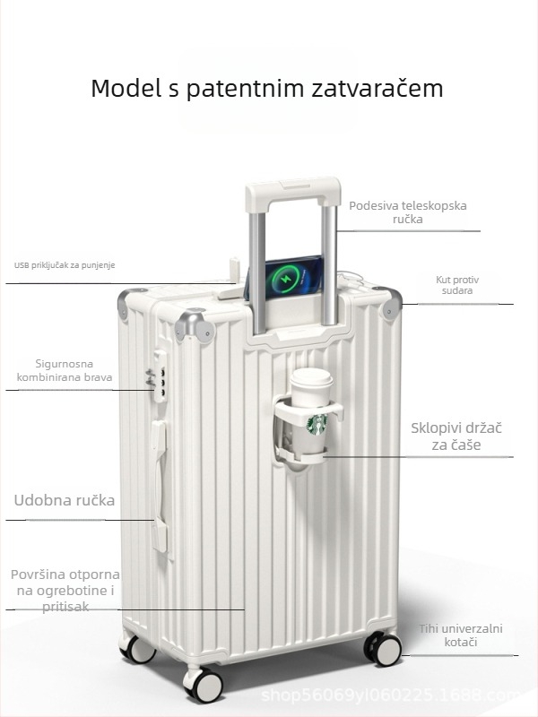 Bijeli putni kofer: 20-inčni ručni kofer i 18-inčni lagani kofer, unisex dizajn; ABS+PC; USB priključak; TSA kombinirani brava; vodootporan i otporan na habanje; držač za čaše; univerzalni kotači; za skladištenje